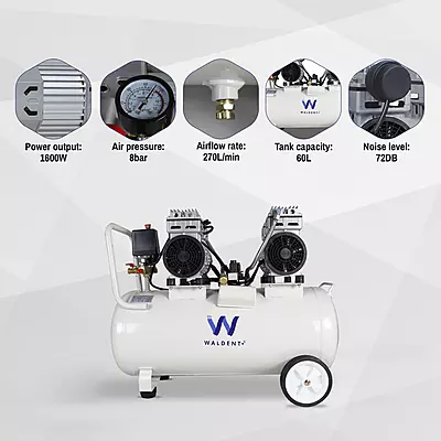 Waldent Double Head Dental Air Compressor Oil Free 2 Hp - Cylindrical Tank (WAC-200-DH-CT)